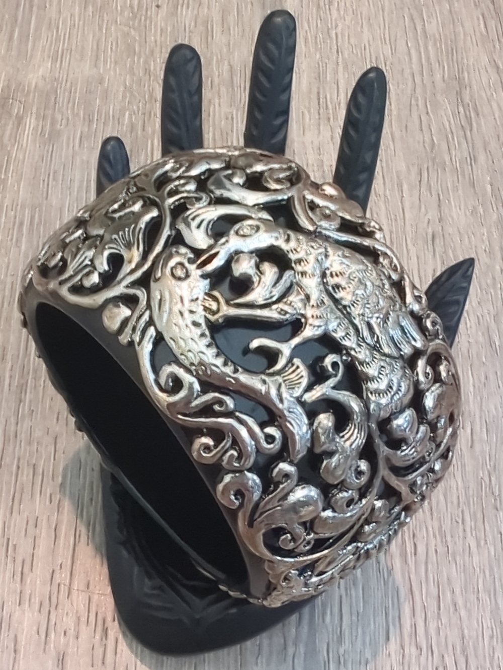 Asian Ornate Phoenix Animal Silver-Tone Repousse Statement Chunky Bangle